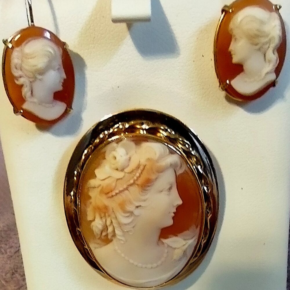 Vintage 14 KT Cameo Brooch & Earrings